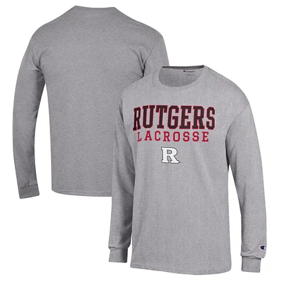 Men's Champion Heather Gray Rutgers Scarlet Knights Stack Logo Lacrosse Powerblend Long Sleeve T-Shirt