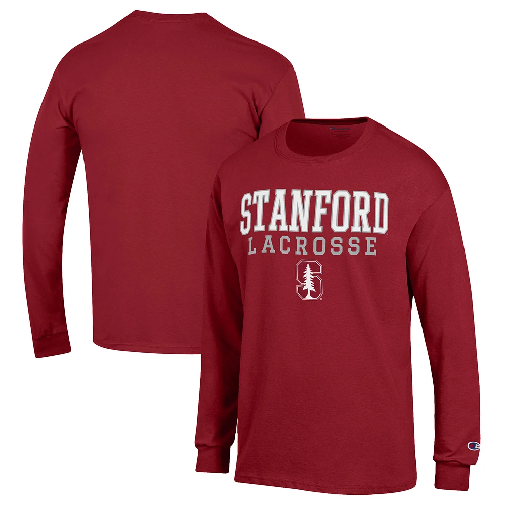 Men's Champion Cardinal Stanford Stack Logo Lacrosse Powerblend Long Sleeve T-Shirt