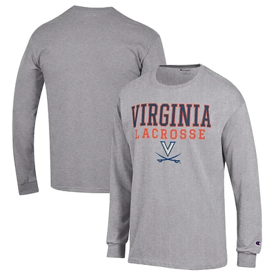 Men's Champion Heather Gray Virginia Cavaliers Stack Logo Lacrosse Powerblend Long Sleeve T-Shirt