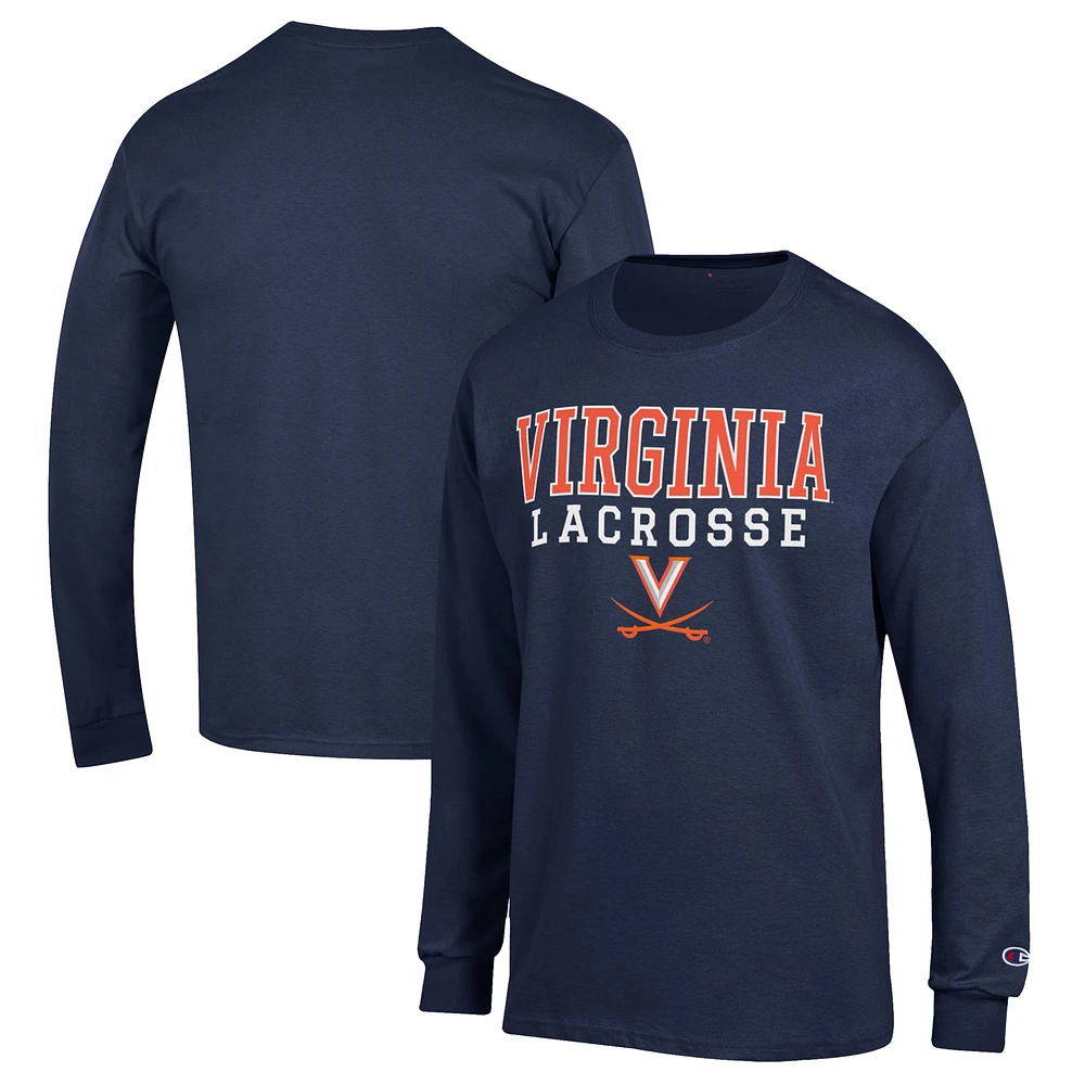 Men's Champion Navy Virginia Cavaliers Stack Logo Lacrosse Powerblend Long Sleeve T-Shirt