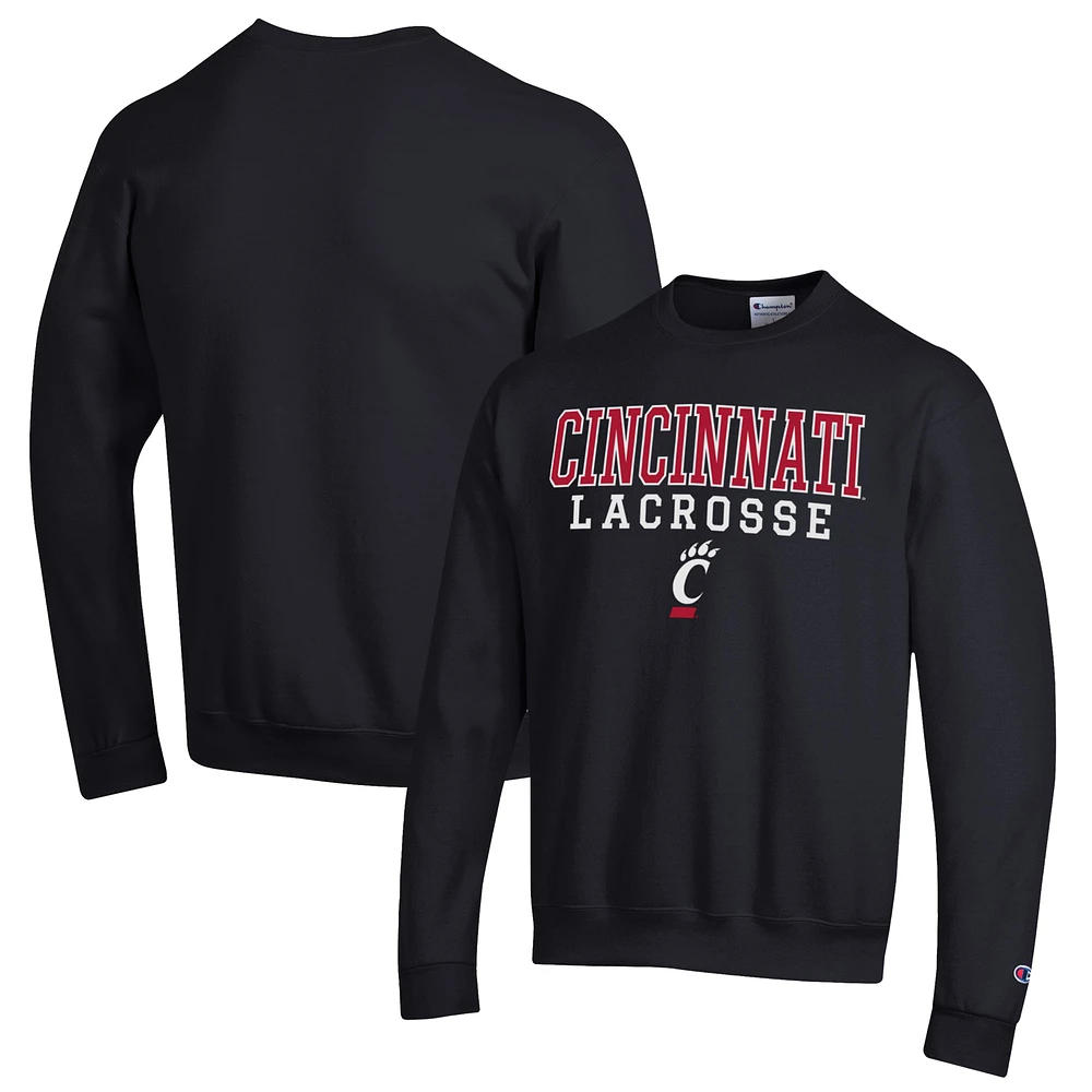 Men's Champion Black Cincinnati Bearcats Stack Logo Lacrosse Powerblend Pullover Sweatshirt