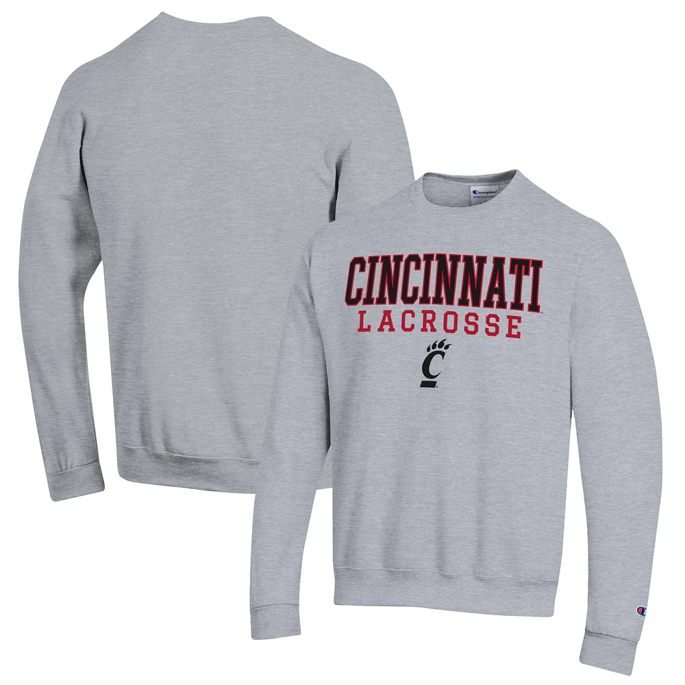 Men's Champion Heather Gray Cincinnati Bearcats Stack Logo Lacrosse Powerblend Pullover Sweatshirt