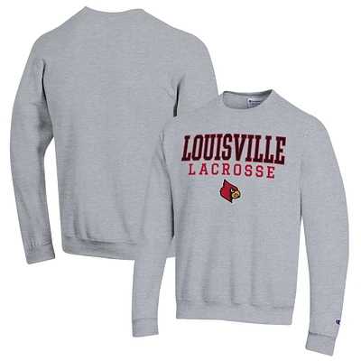 Men's Champion Heather Gray Louisville Cardinals Stack Logo Lacrosse Powerblend Pullover Sweatshirt