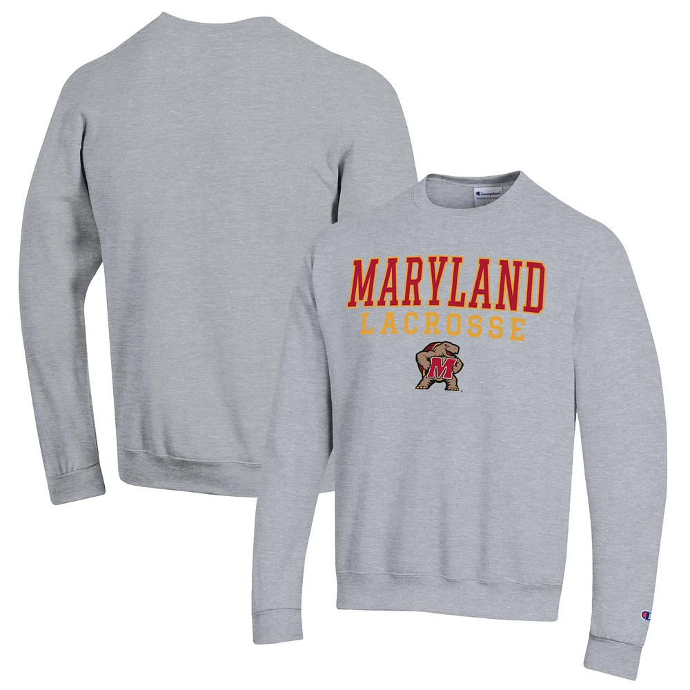 Men's Champion Heather Gray Maryland Terrapins Stack Logo Lacrosse Powerblend Pullover Sweatshirt