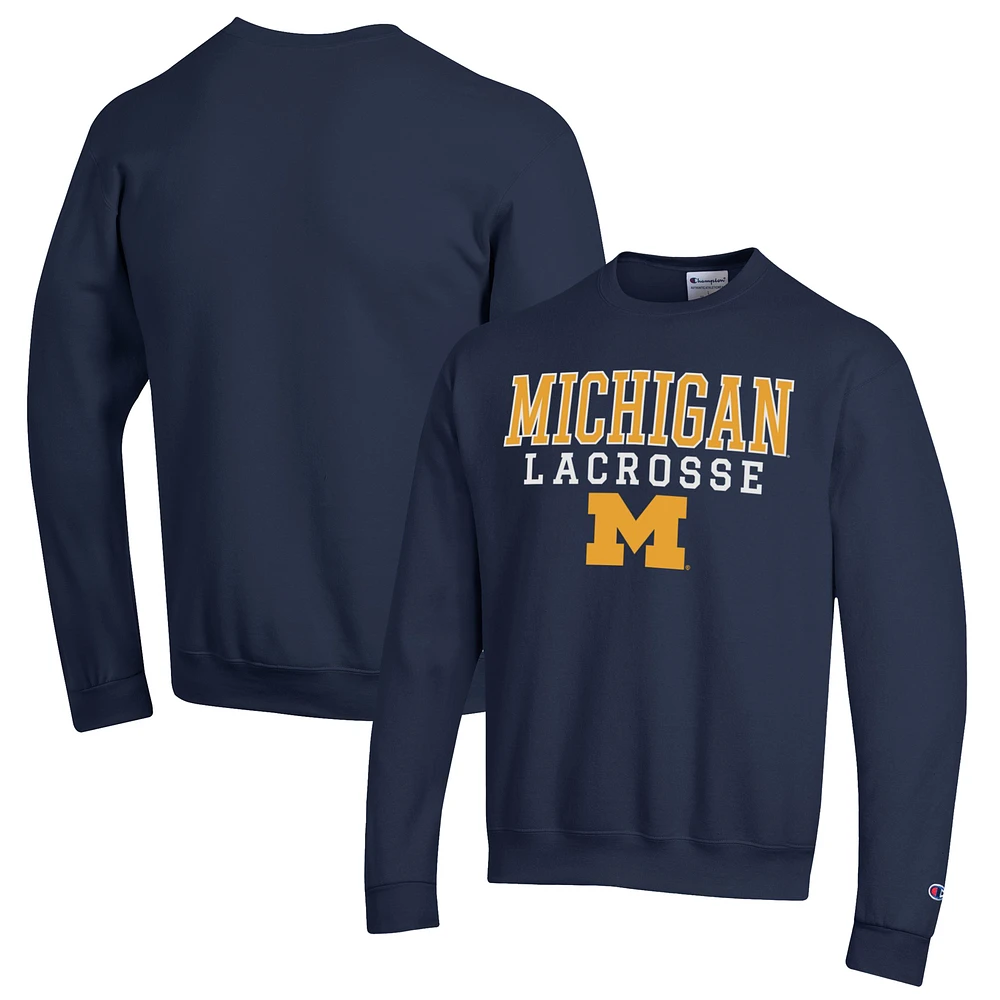 Men's Champion Navy Michigan Wolverines Stack Logo Lacrosse Powerblend Pullover Sweatshirt
