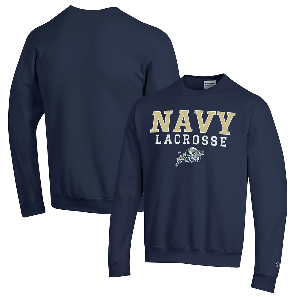 Men's Champion Navy Midshipmen Stack Logo Lacrosse Powerblend Pullover Sweatshirt
