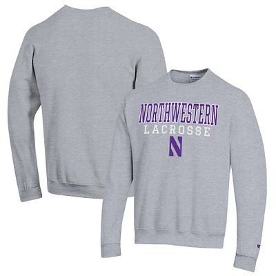 Men's Champion Heather Gray Northwestern Wildcats Stack Logo Lacrosse Powerblend Pullover Sweatshirt
