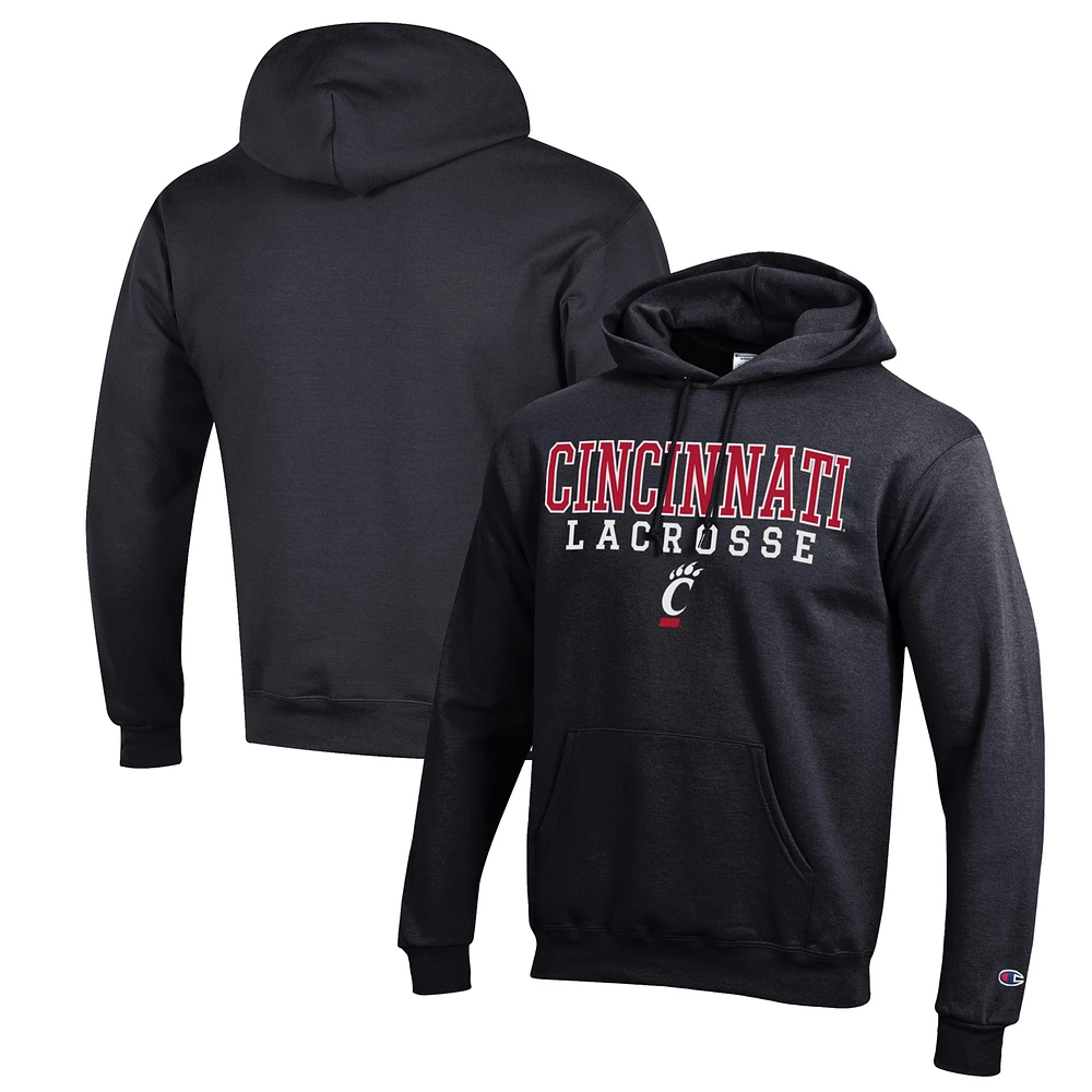 Men's Champion Black Cincinnati Bearcats Stack Logo Lacrosse Powerblend Pullover Hoodie