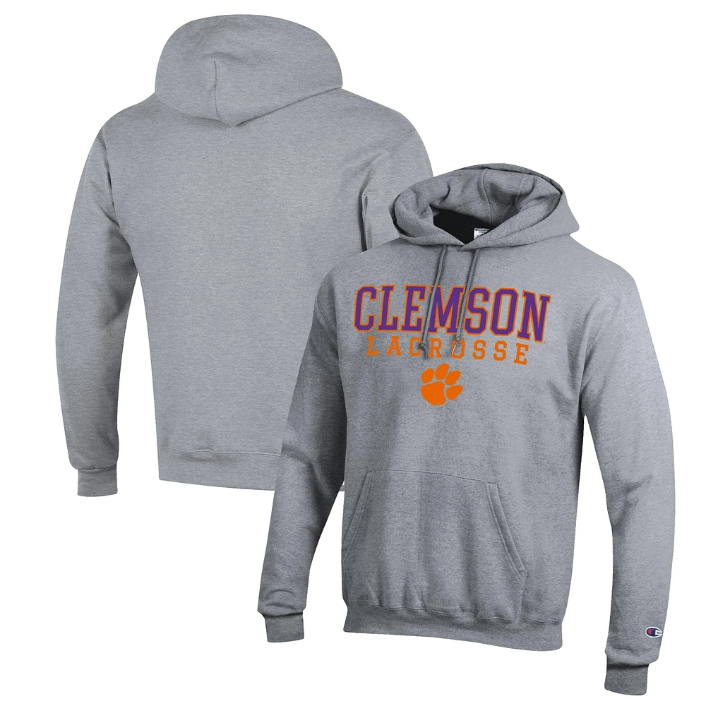 Men's Champion Heather Gray Clemson Tigers Stack Logo Lacrosse Powerblend Pullover Hoodie