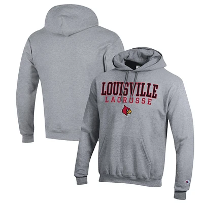 Men's Champion Heather Gray Louisville Cardinals Stack Logo Lacrosse Powerblend Pullover Hoodie