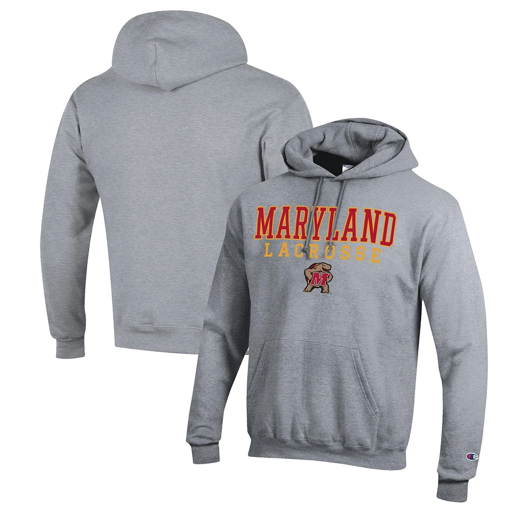 Men's Champion Heather Gray Maryland Terrapins Stack Logo Lacrosse Powerblend Pullover Hoodie