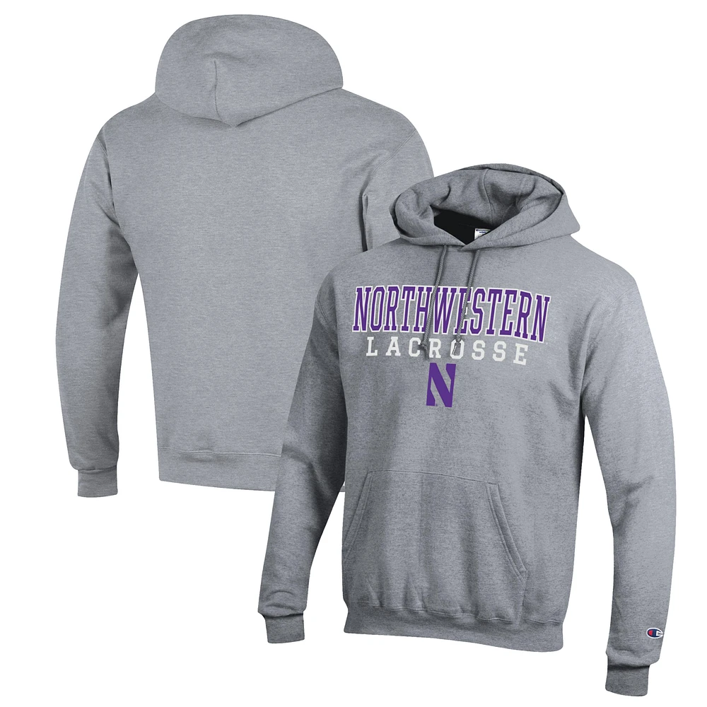 Men's Champion Heather Gray Northwestern Wildcats Stack Logo Lacrosse Powerblend Pullover Hoodie
