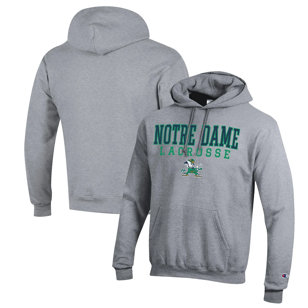 Men's Champion Heather Gray Notre Dame Fighting Irish Stack Logo Lacrosse Powerblend Pullover Hoodie