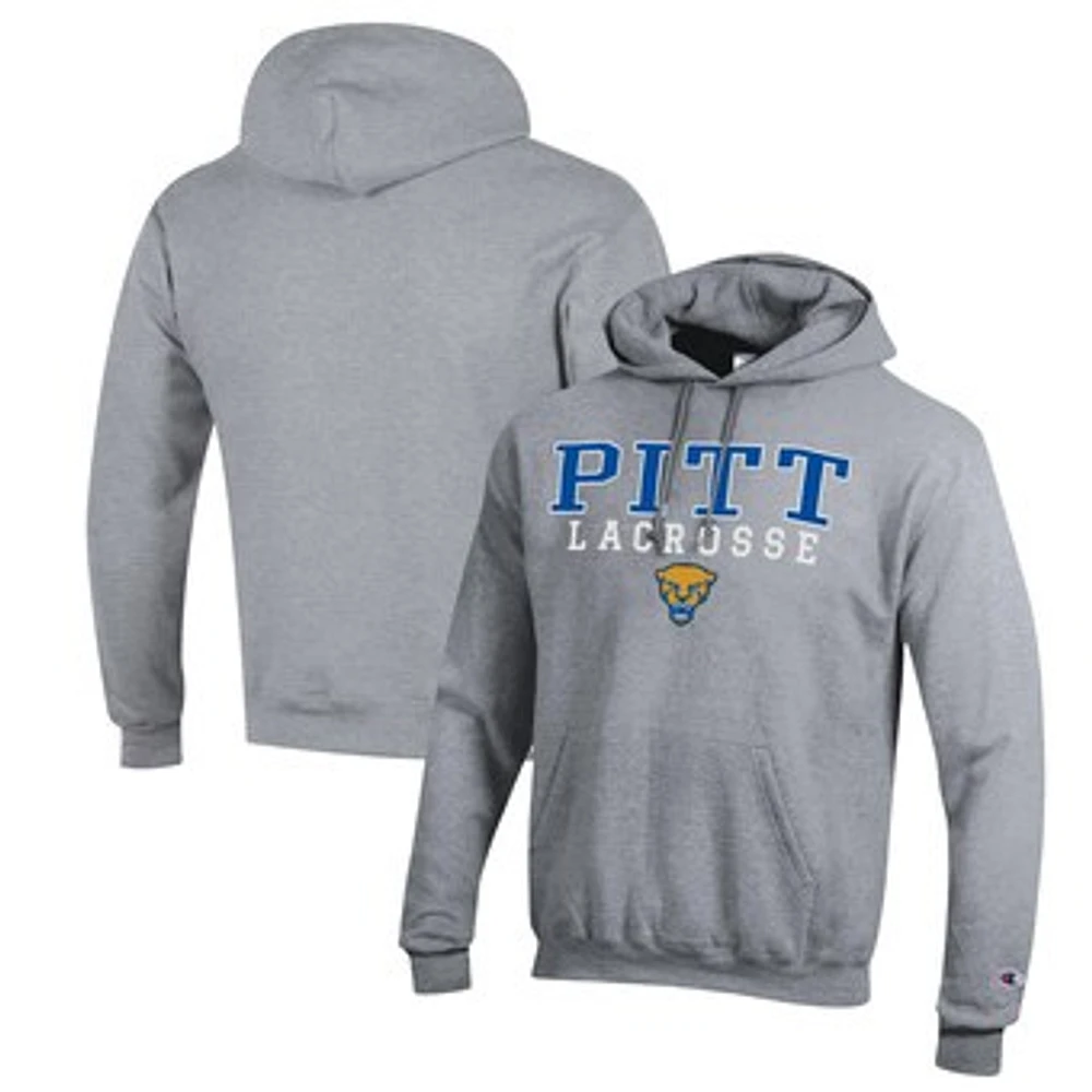 Men's Champion Heather Gray Pitt Panthers Stack Logo Lacrosse Powerblend Pullover Hoodie