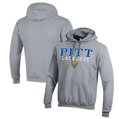 Men's Champion Heather Gray Pitt Panthers Stack Logo Lacrosse Powerblend Pullover Hoodie