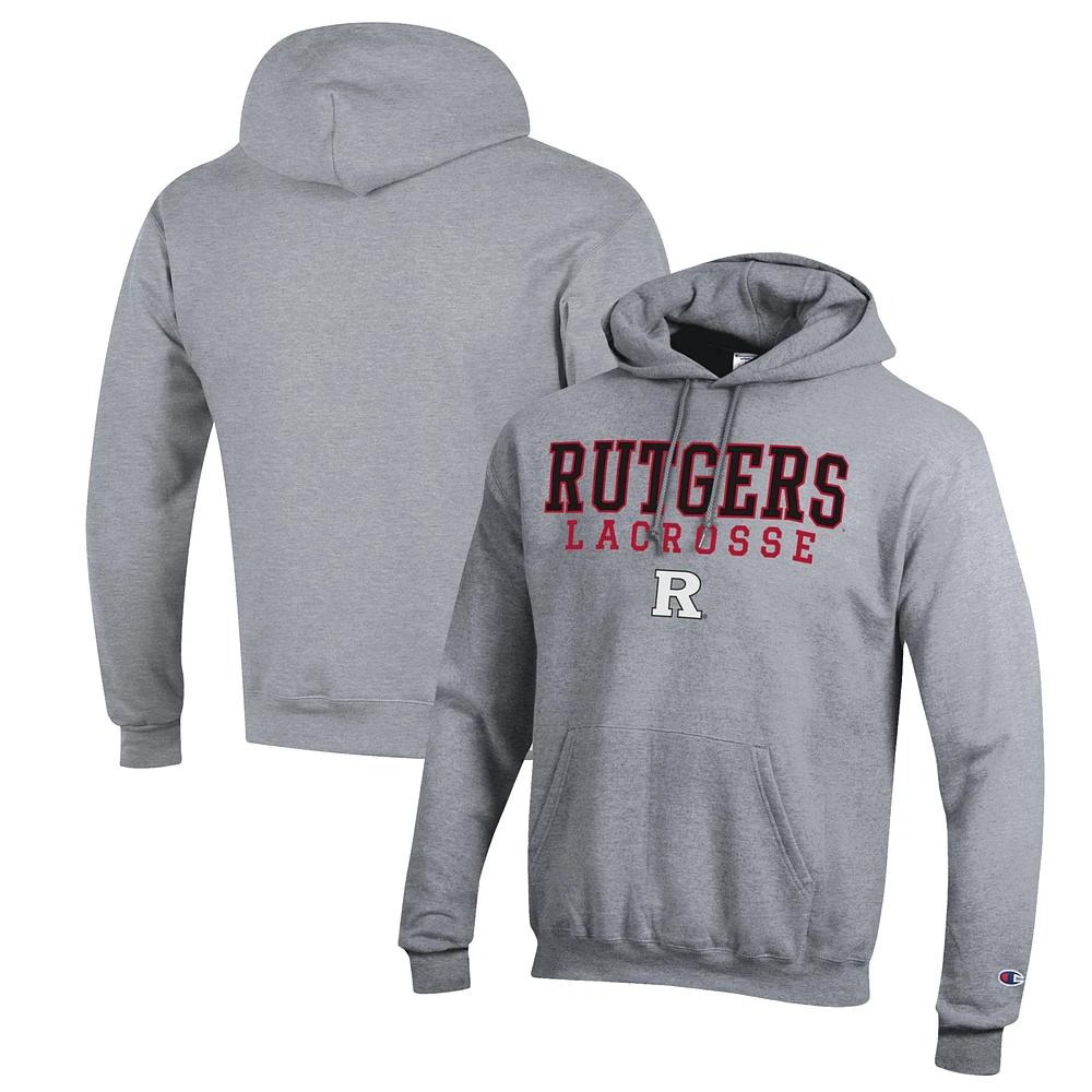 Men's Champion Heather Gray Rutgers Scarlet Knights Stack Logo Lacrosse Powerblend Pullover Hoodie