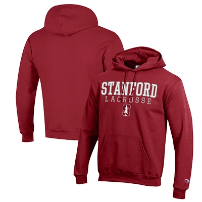 Men's Champion Cardinal Stanford Stack Logo Lacrosse Powerblend Pullover Hoodie
