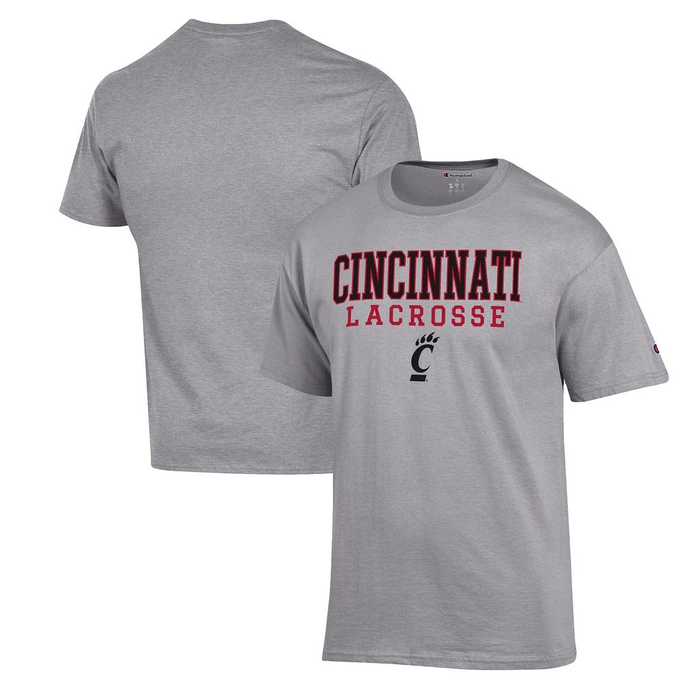 Men's Champion Heather Gray Cincinnati Bearcats Stack Logo Lacrosse Powerblend T-Shirt
