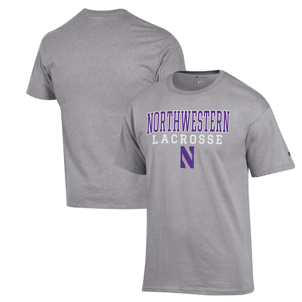 Men's Champion Heather Gray Northwestern Wildcats Stack Logo Lacrosse Powerblend T-Shirt