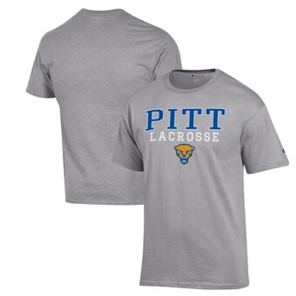 Men's Champion Heather Gray Pitt Panthers Stack Logo Lacrosse Powerblend T-Shirt