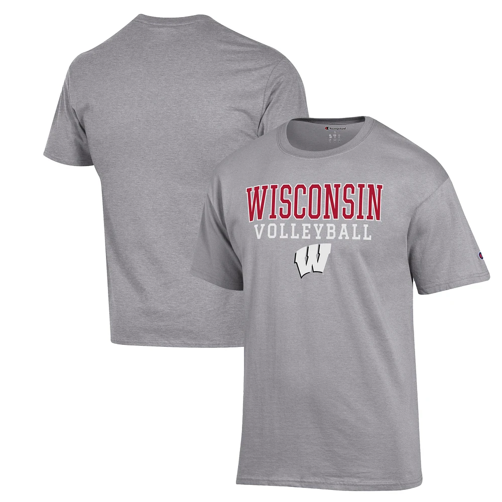 Men's Champion Heather Gray Wisconsin Badgers Stack Logo Volleyball Powerblend T-Shirt
