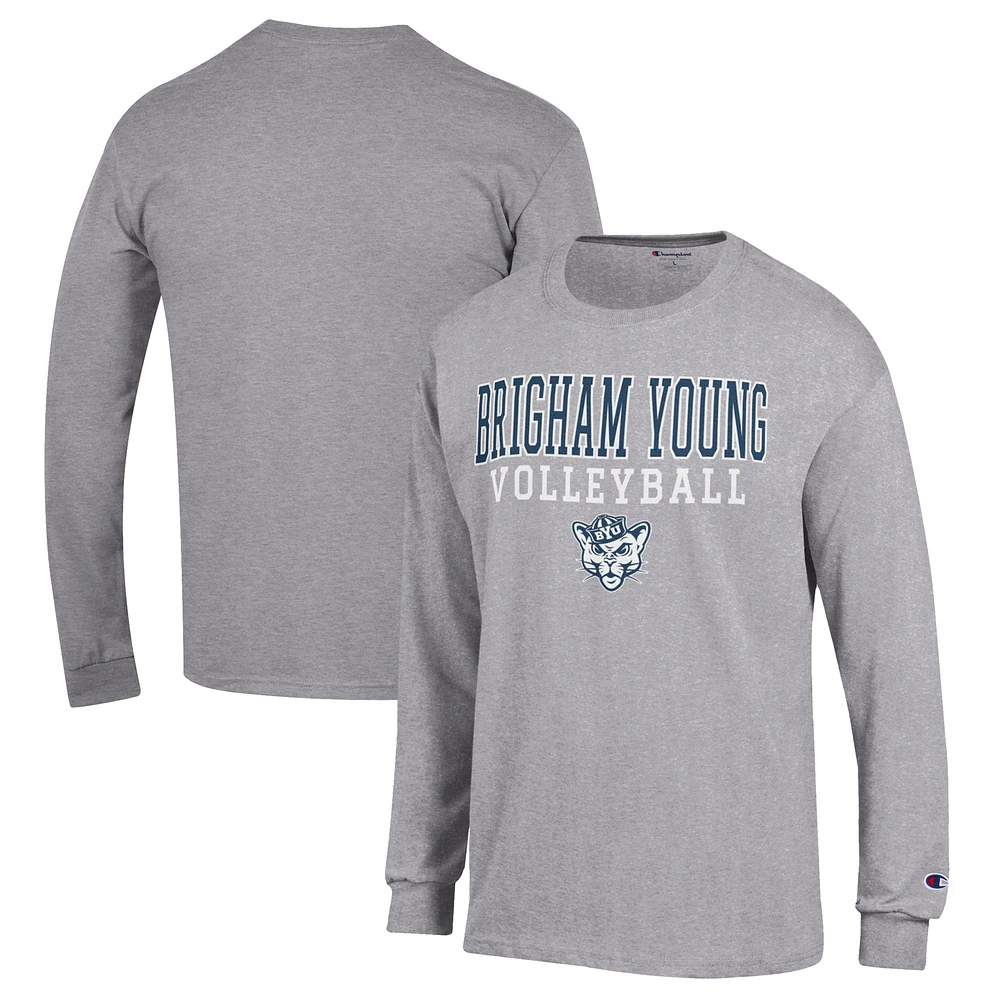 Men's Champion Heather Gray BYU Cougars Stack Logo Volleyball Powerblend Long Sleeve T-Shirt
