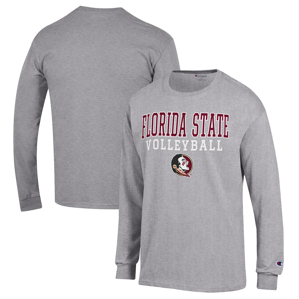 Men's Champion Heather Gray Florida State Seminoles Stack Logo Volleyball Powerblend Long Sleeve T-Shirt