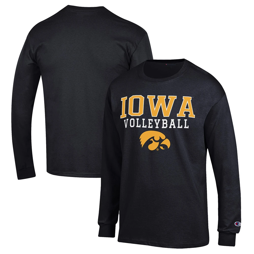 Men's Champion Black Iowa Hawkeyes Stack Logo Volleyball Powerblend Long Sleeve T-Shirt