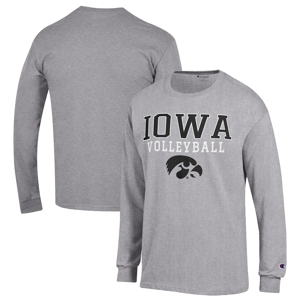 Men's Champion Heather Gray Iowa Hawkeyes Stack Logo Volleyball Powerblend Long Sleeve T-Shirt
