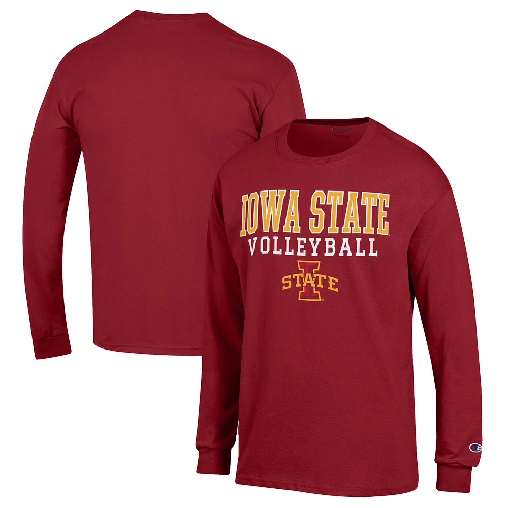 Men's Champion Cardinal Iowa State Cyclones Stack Logo Volleyball Powerblend Long Sleeve T-Shirt