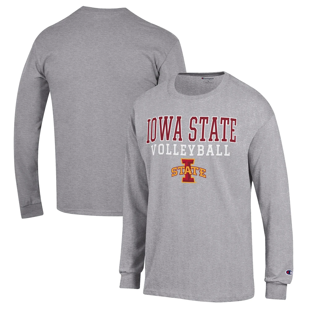 Men's Champion Heather Gray Iowa State Cyclones Stack Logo Volleyball Powerblend Long Sleeve T-Shirt