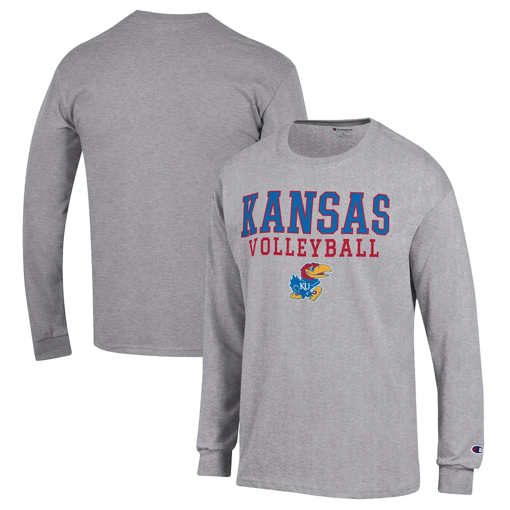 Men's Champion Heather Gray Kansas Jayhawks Stack Logo Volleyball Powerblend Long Sleeve T-Shirt