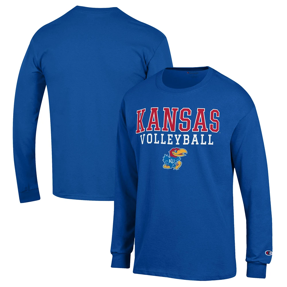 Men's Champion Royal Kansas Jayhawks Stack Logo Volleyball Powerblend Long Sleeve T-Shirt