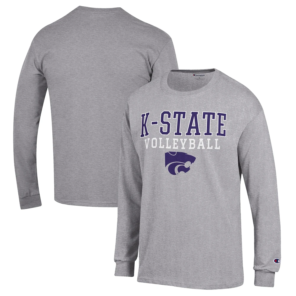 Men's Champion Heather Gray Kansas State Wildcats Stack Logo Volleyball Powerblend Long Sleeve T-Shirt