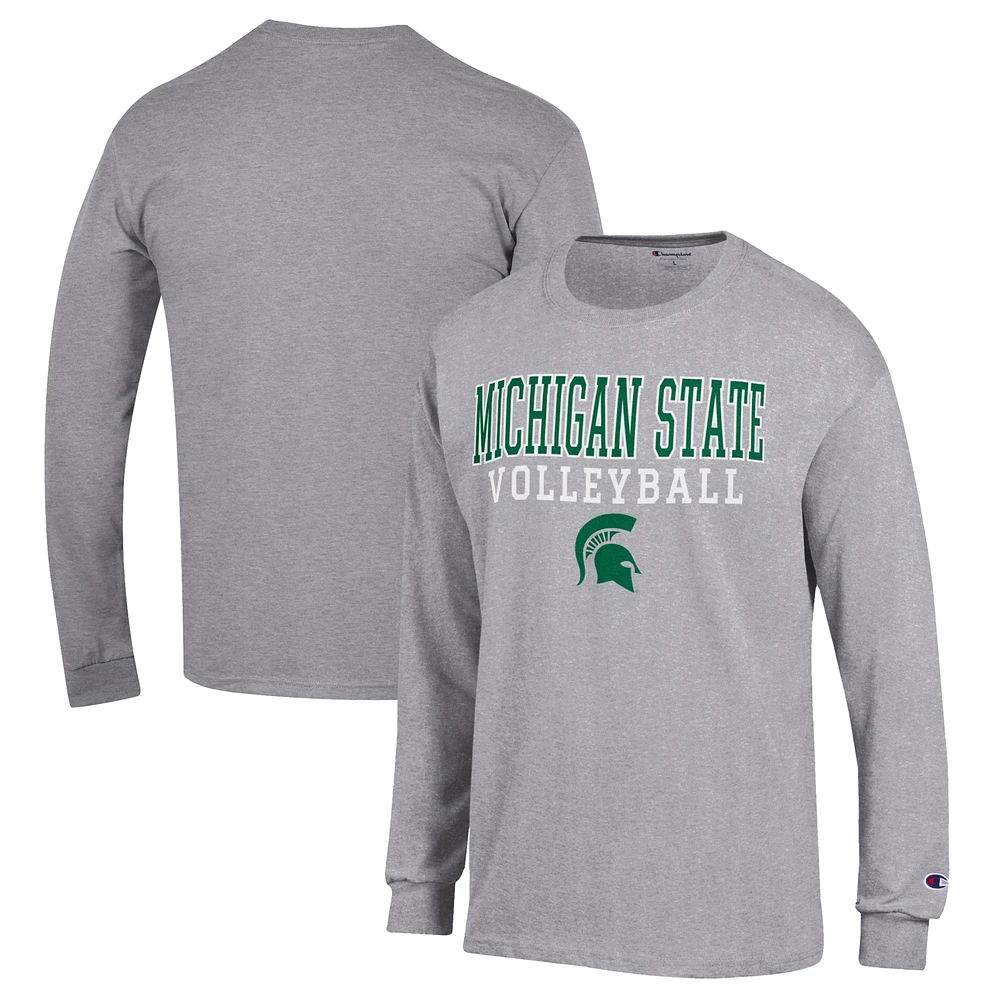 Men's Champion Heather Gray Michigan State Spartans Stack Logo Volleyball Powerblend Long Sleeve T-Shirt