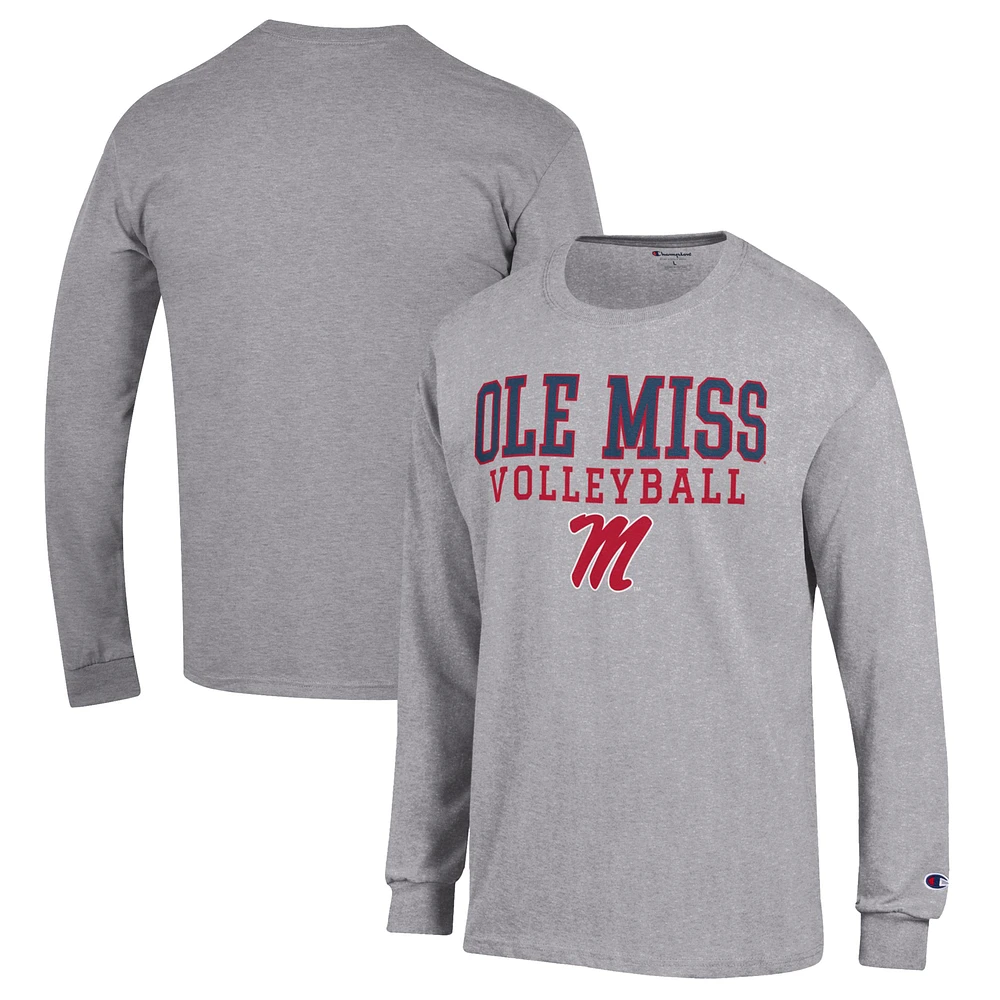Men's Champion Heather Gray Ole Miss Rebels Stack Logo Volleyball Powerblend Long Sleeve T-Shirt