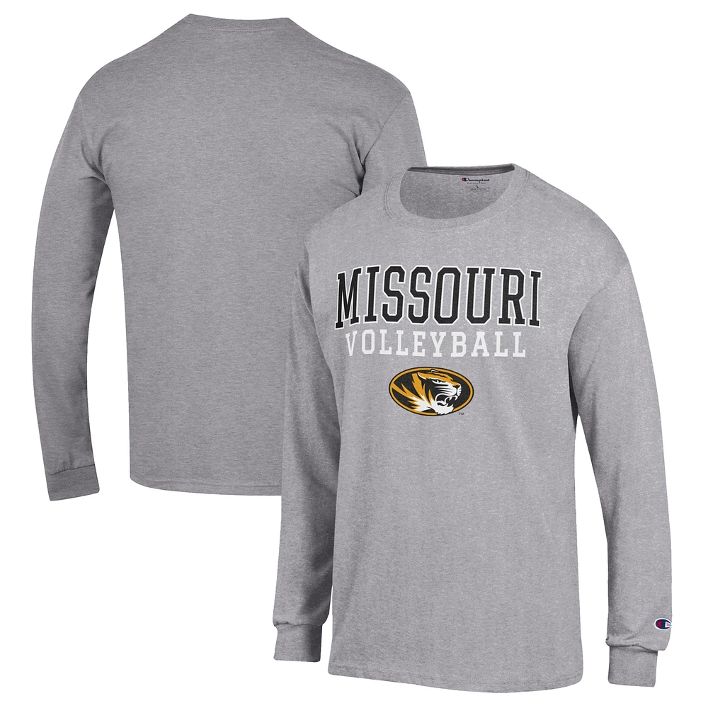 Men's Champion Heather Gray Missouri Tigers Stack Logo Volleyball Powerblend Long Sleeve T-Shirt