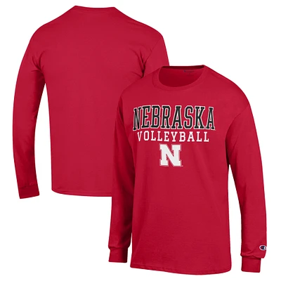 Men's Champion Scarlet Nebraska Huskers Stack Logo Volleyball Powerblend Long Sleeve T-Shirt