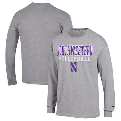 Men's Champion Heather Gray Northwestern Wildcats Stack Logo Volleyball Powerblend Long Sleeve T-Shirt