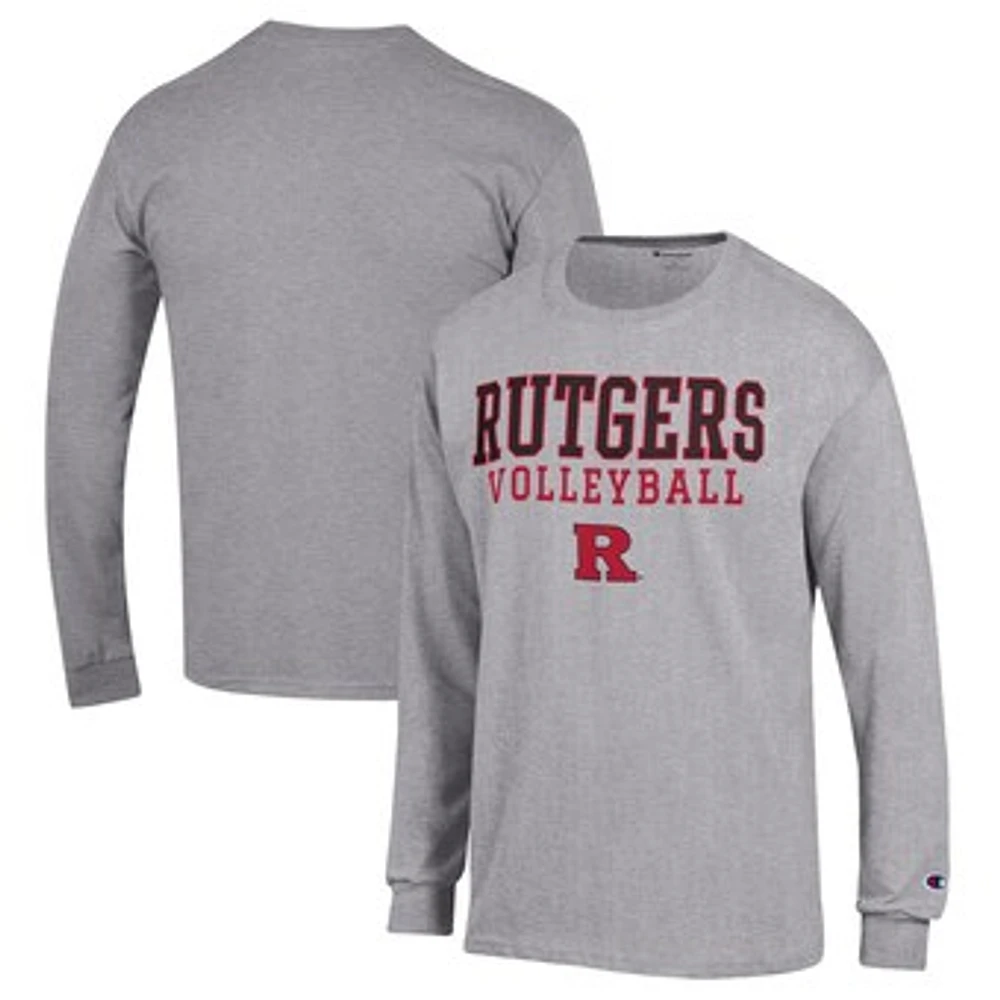 Men's Champion Heather Gray Rutgers Scarlet Knights Stack Logo Volleyball Powerblend Long Sleeve T-Shirt