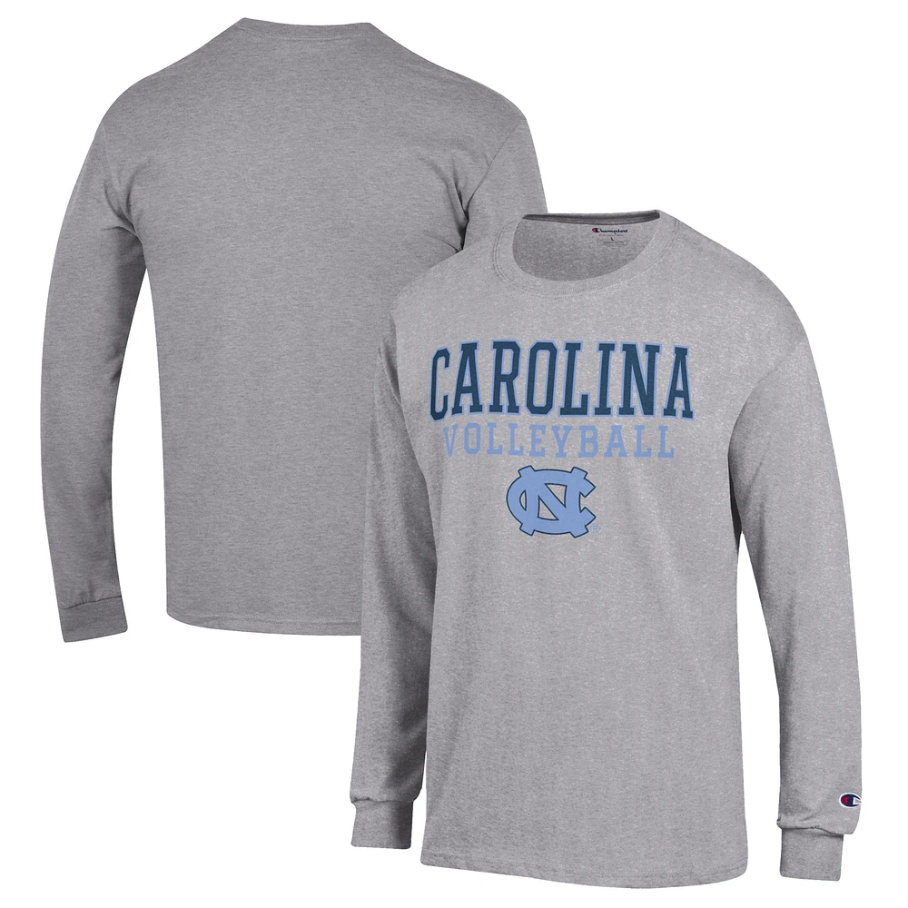 Men's Champion Heather Gray North Carolina Tar Heels Stack Logo Volleyball Powerblend Long Sleeve T-Shirt