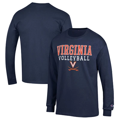 Men's Champion Navy Virginia Cavaliers Stack Logo Volleyball Powerblend Long Sleeve T-Shirt