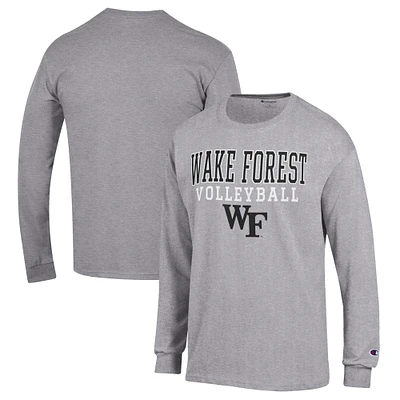 Men's Champion Heather Gray Wake Forest Demon Deacons Stack Logo Volleyball Powerblend Long Sleeve T-Shirt