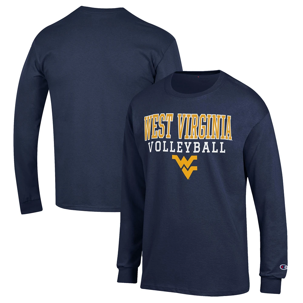 Men's Champion Navy West Virginia Mountaineers Stack Logo Volleyball Powerblend Long Sleeve T-Shirt