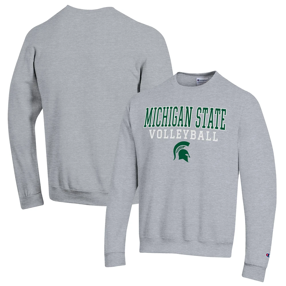 Men's Champion Heather Gray Michigan State Spartans Stack Logo Volleyball Powerblend Pullover Sweatshirt