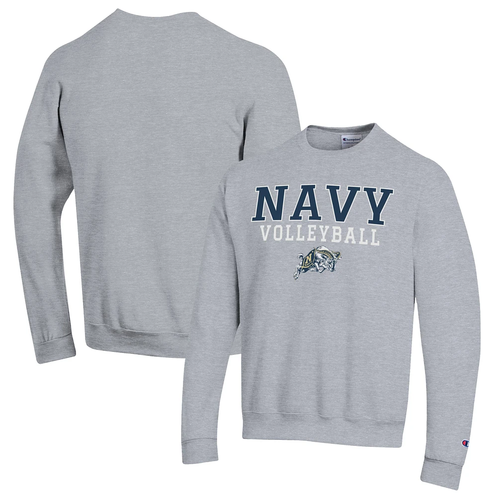 Men's Champion Heather Gray Navy Midshipmen Stack Logo Volleyball Powerblend Pullover Sweatshirt