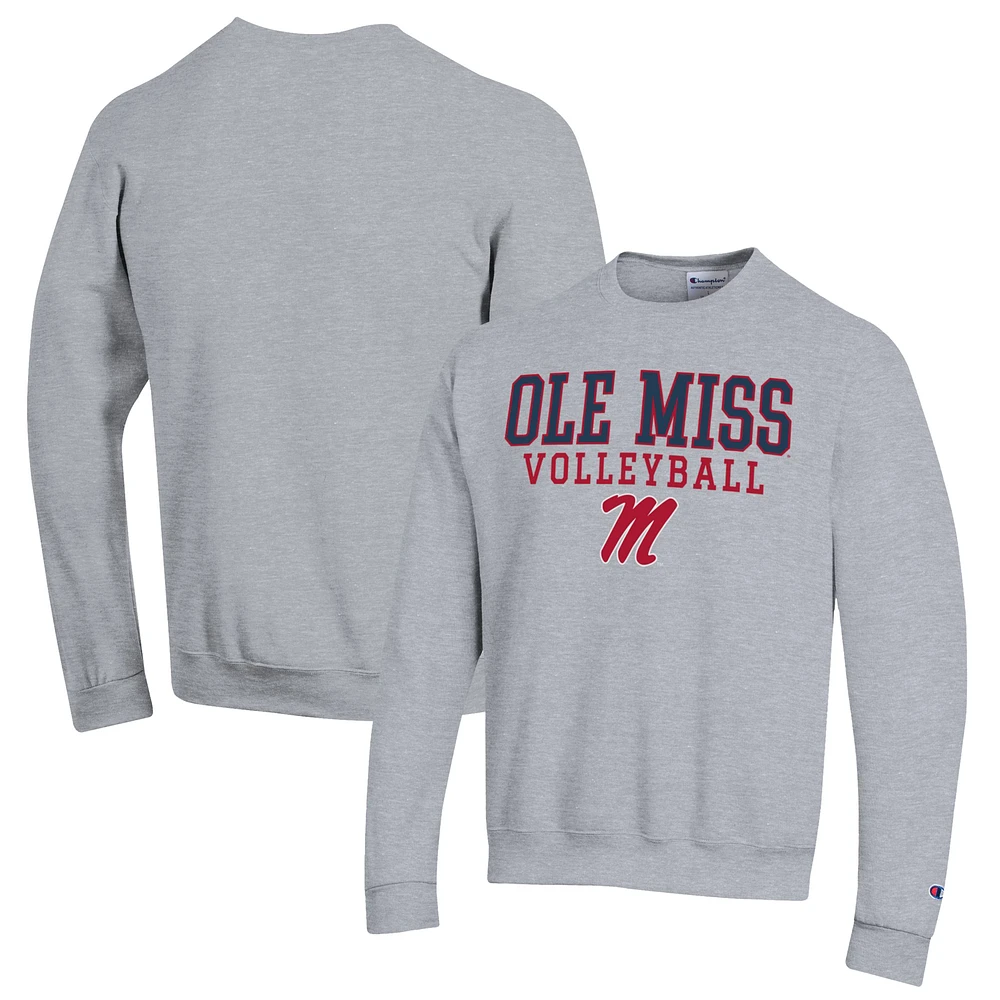 Men's Champion Heather Gray Ole Miss Rebels Stack Logo Volleyball Powerblend Pullover Sweatshirt