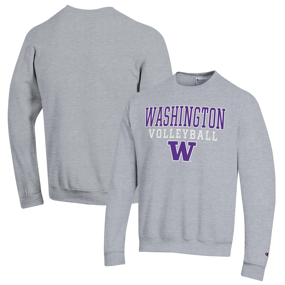 Men's Champion Heather Gray Washington Huskies Stack Logo Volleyball Powerblend Pullover Sweatshirt