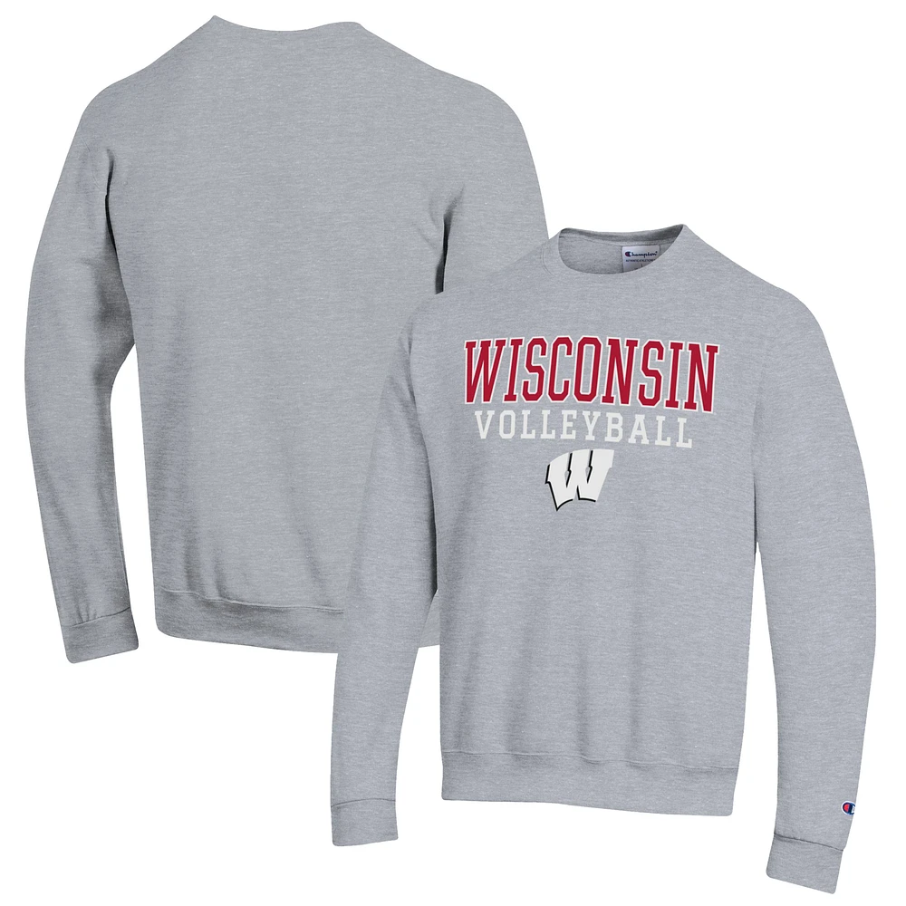 Men's Champion Heather Gray Wisconsin Badgers Stack Logo Volleyball Powerblend Pullover Sweatshirt