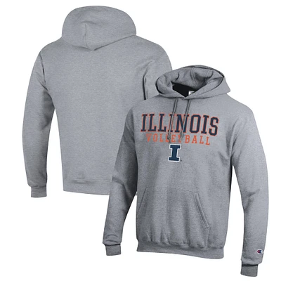 Men's Champion Heather Gray Illinois Fighting Illini Stack Logo Volleyball Powerblend Pullover Hoodie